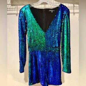 Blue and Green Sequin Romper, Long Sleeve